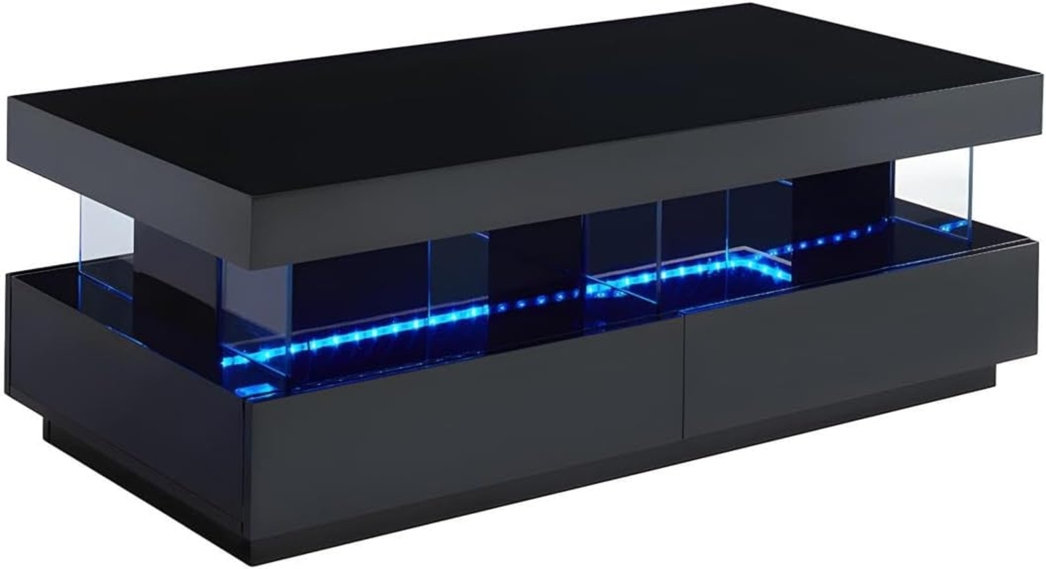 Vente-unique - Couchtisch mit 2 Schubladen + 2 Ablagen + LEDs - MDF lackiert - Schwarz - FABIO Bild 1