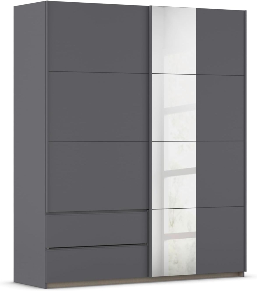 Rauch Möbel Stoke, Schwebetürenschrank, Kleiderschrank, Schrank, Garderobe, 2-türig, 1 Spiegel, 2 Schubladen, Farbe Grau metallic, Schwarz, Griffleisten Grau metallic, 175 x 210 x 59 cm Bild 1