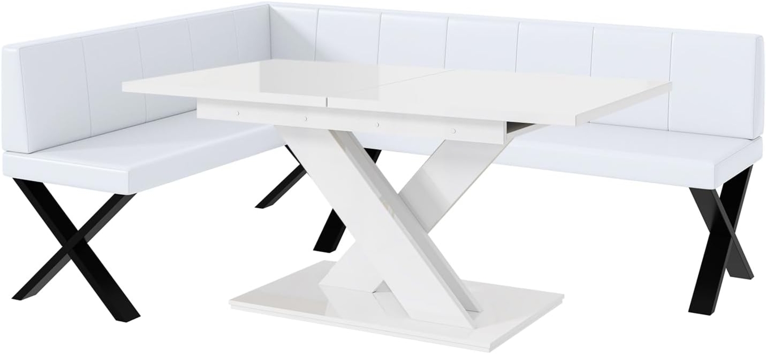 MEBLINI Eckbank für Esszimmer mit ausziehbarem Tisch - Küchenbank - Essecke - Sitzecke Küche - PETER - X-Beine 142x196x87cm Links - Weiß Kunstleder/B Weiß Hochgl. Bild 1