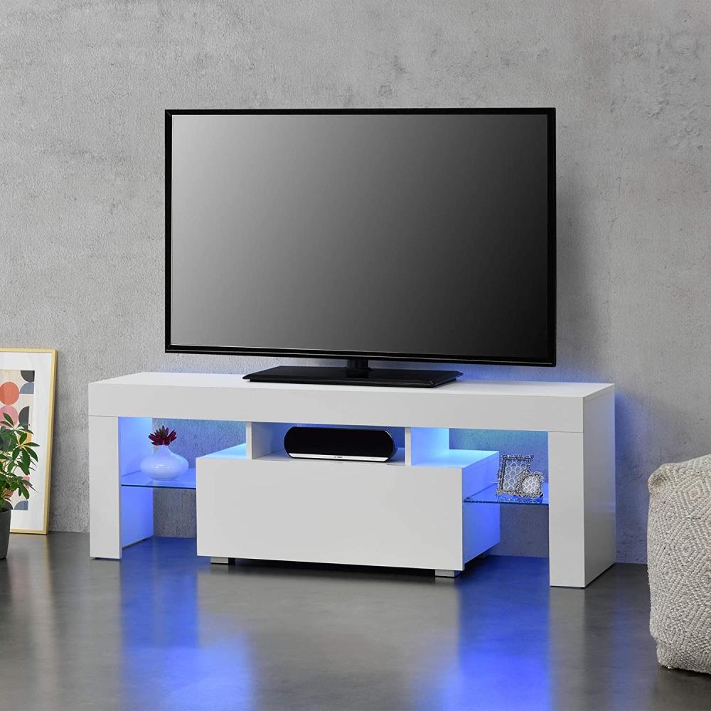 [en. casa] TV Lowboard mit Schublade, Glasablage, LED-Fernsehtisch Weiß, 130 x 35 x 45 cm Bild 1