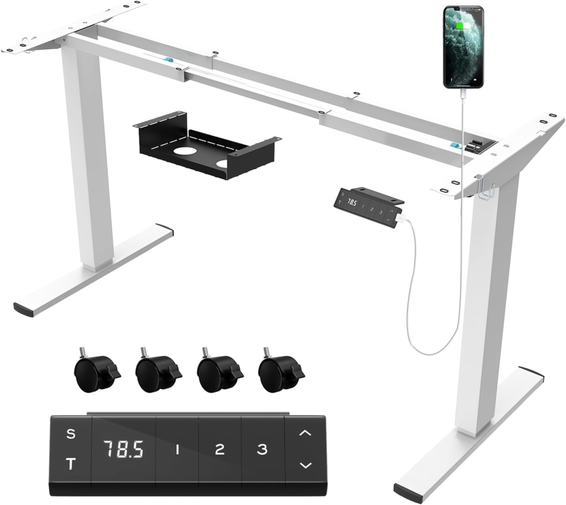 JUMMICO Höhenverstellbarer Schreibtisch Gestell mit USB-Buchse und Kabelwanne, Elektrisch Stufenlos Höhenverstellbar Ttischgestell mit Rollen,Steh Schreibtisch Stehpult（Weiß） Bild 1