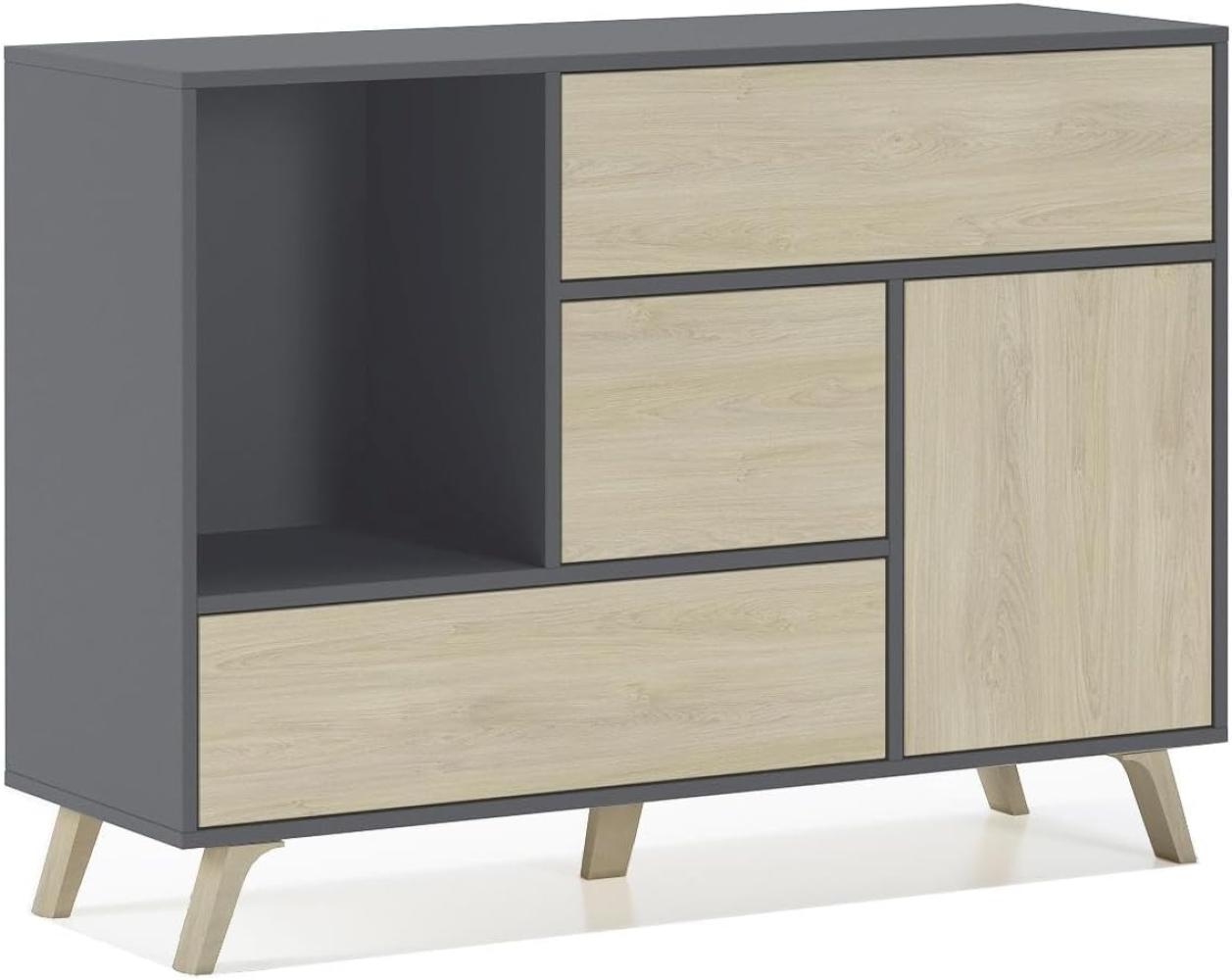 Skraut Home – Sideboard für Wohn- oder Esszimmer – 86 x 120 x 40 cm – Buffet mit 1 Tür + 3 Schubladen – Windmodell – widerstandsfähiges Holz – Grau/Eiche-Finish Bild 1