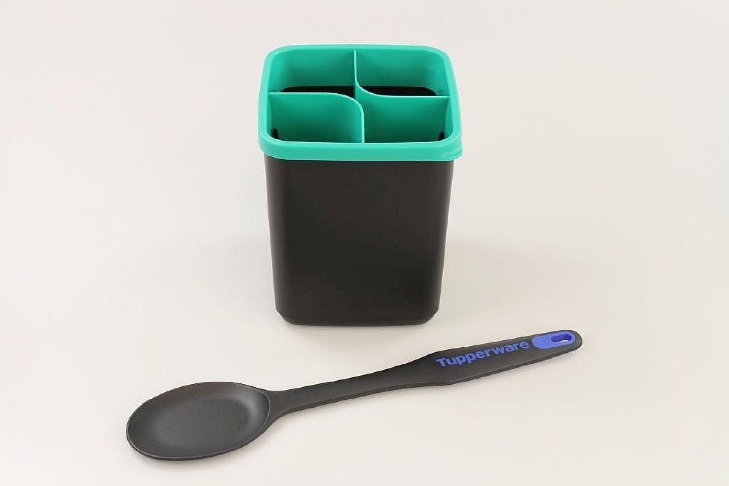 TUPPERWARE Griffbereit Ordnungstopf schwarz-türkis + Kochlöffel schwarz-blau Bild 1