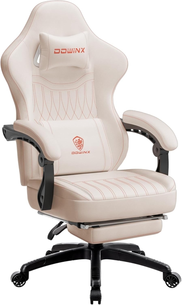 Dowinx Gaming Stuhl mit Frühling Kissen,Racing Gamer Stuhl mit Massage Lendenwirbelstütze, Ergonomischer Gaming Sessel mit Fußstütze Bürostuhl PU Leder Weiß Bild 1