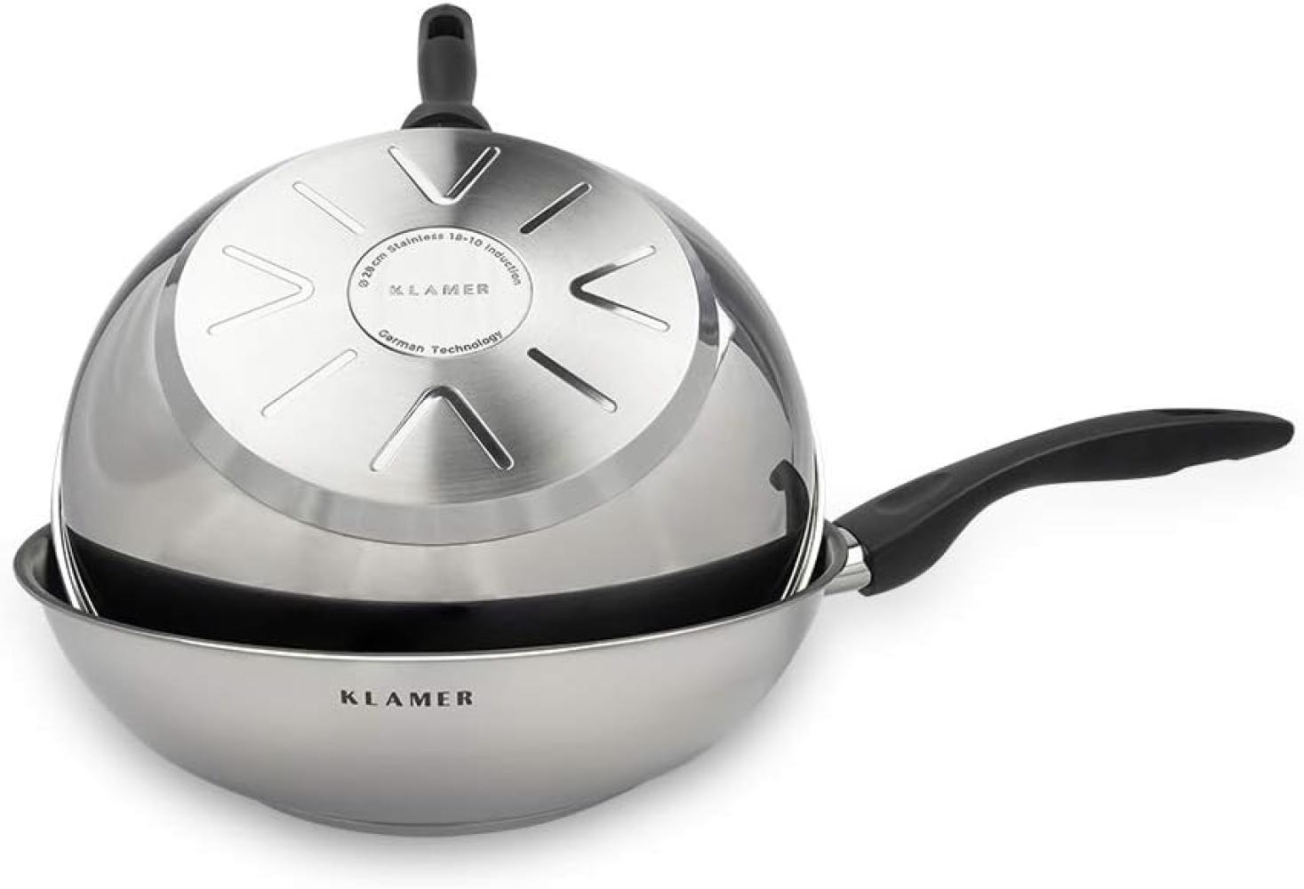 KLAMER Wok Edelstahl 28cm, antihaftbeschichtete Induktions-Pfanne, mit hohem Ran…, Energiesparend, Güteglasdeckel, tropffrei abgießen Bild 1