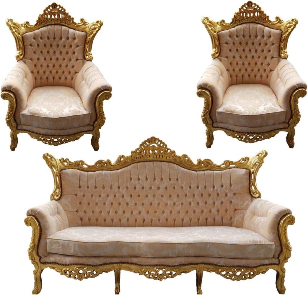 Casa Padrino Barock Wohnzimmer Set Master Creme Muster / Gold mit Bling Bling Glitzersteinen - 3er Sofa + 2 Sessel - Limited Edition! Bild 1