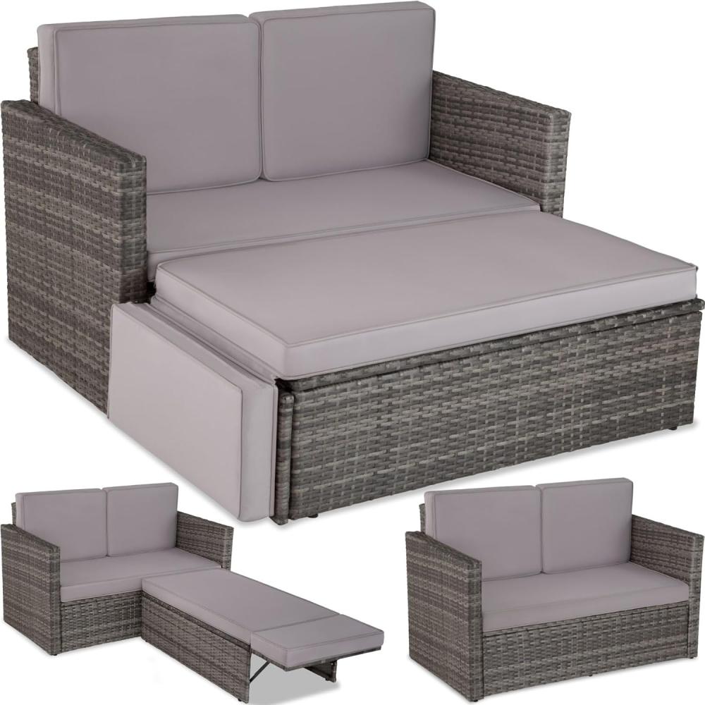 tectake Sofa Set - 2 Sitzer Sessel mit Hocker und Schlaffunktion, kleine Rattan Couch als Outdoor Gartenmöbel, wetterfest für Lounge, Balkon und Garten, klappbar mit Polstern Bild 1