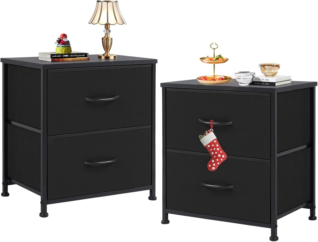 DUMOS Nachttisch 2er Set Beistelltisch Stoff Schubladenschrank Schmal Schrank Kommode Schlafzimmer Industrial Stil für Wohnzimme Kinderzimmer Flur Aufbewahrungsschrank Bild 1