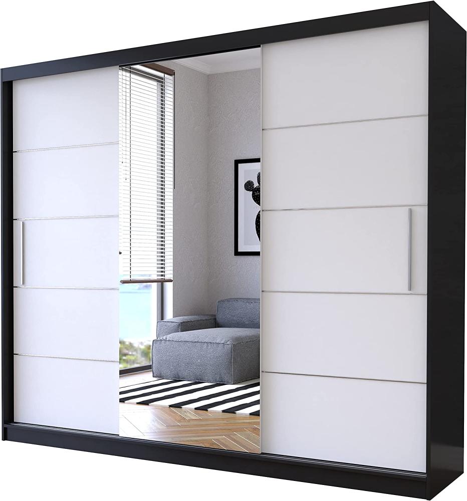 Schwebetürenschrank Alba 250 cm, Schiebetürenschrank mit Spiegel, Kleiderschrank mit Kleiderstange und Einlegeboden, Schlafzimmerschrank, Schiebetüren, Modern Design (Schwarz/Weiß) Bild 1