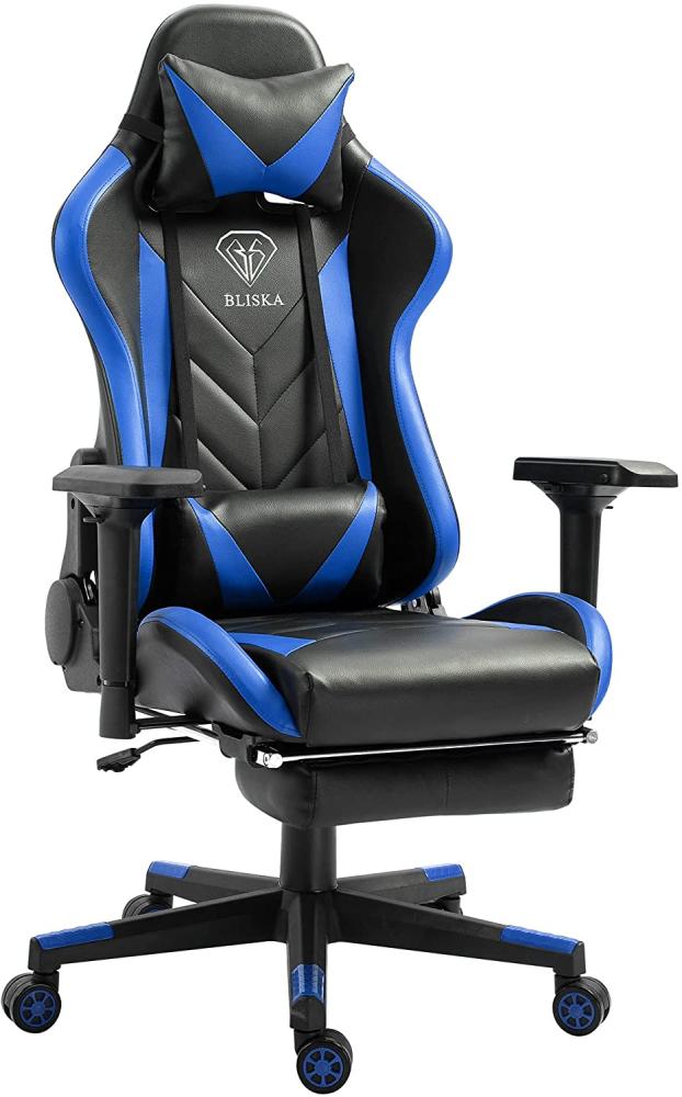 Gaming Stuhl mit Fußstütze und ergonomsichen 4D-Armlehnen gaming chair in ergonomischer Sportsitz Optik Gamer Stuhl mit verstellbaren Rückenstützkissen Bürostuhl Schwarz/Blau Bild 1