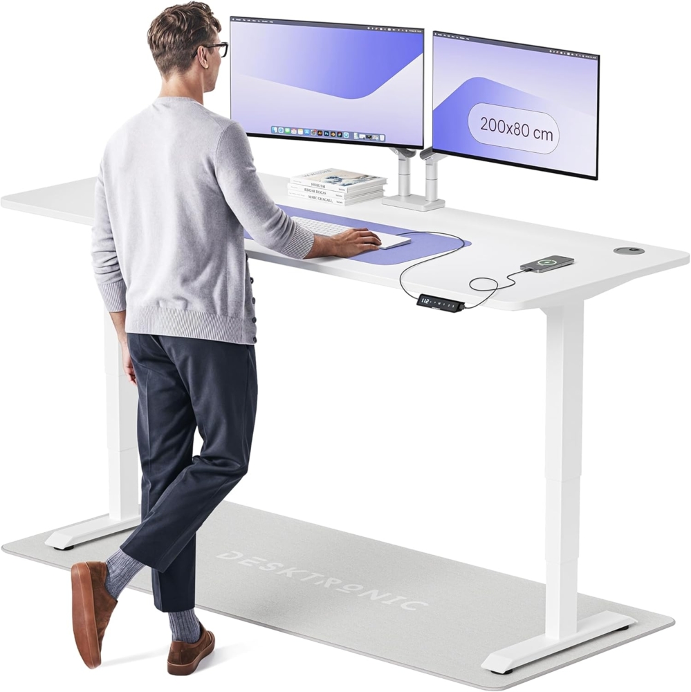 Höhenverstellbarer Schreibtisch - Höhenverstellbar Elektrisch mit Flüsterleisem Dual-Motor & Touchscreen - Hohe Tragfähigkeit - Stehtisch von Desktronic, Weiß + Weiß, 200x80 cm Bild 1