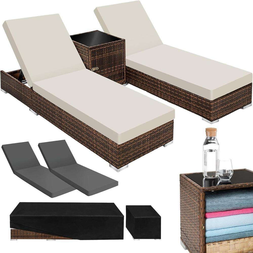 tectake 2er Lounge Sonnenliegen Set Plus Tisch – inkl. 2 Bezugsets und Schutzhülle, Outdoor Poly Rattan Gartenmöbel Set, 2X Gartenliege wetterfest - braun Bild 1