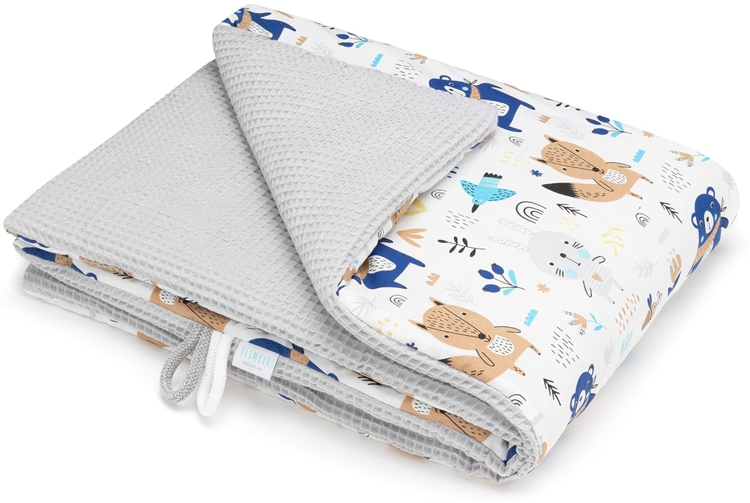 EliMeli BABYDECKE Kuscheldecke 100% Baumwolle - Warme Baby Decke aus Waffelstoff mit Füllung Kinderwagendecke Geschenke für Junge und Mädchen (Grau - Waldtiere) Bild 1