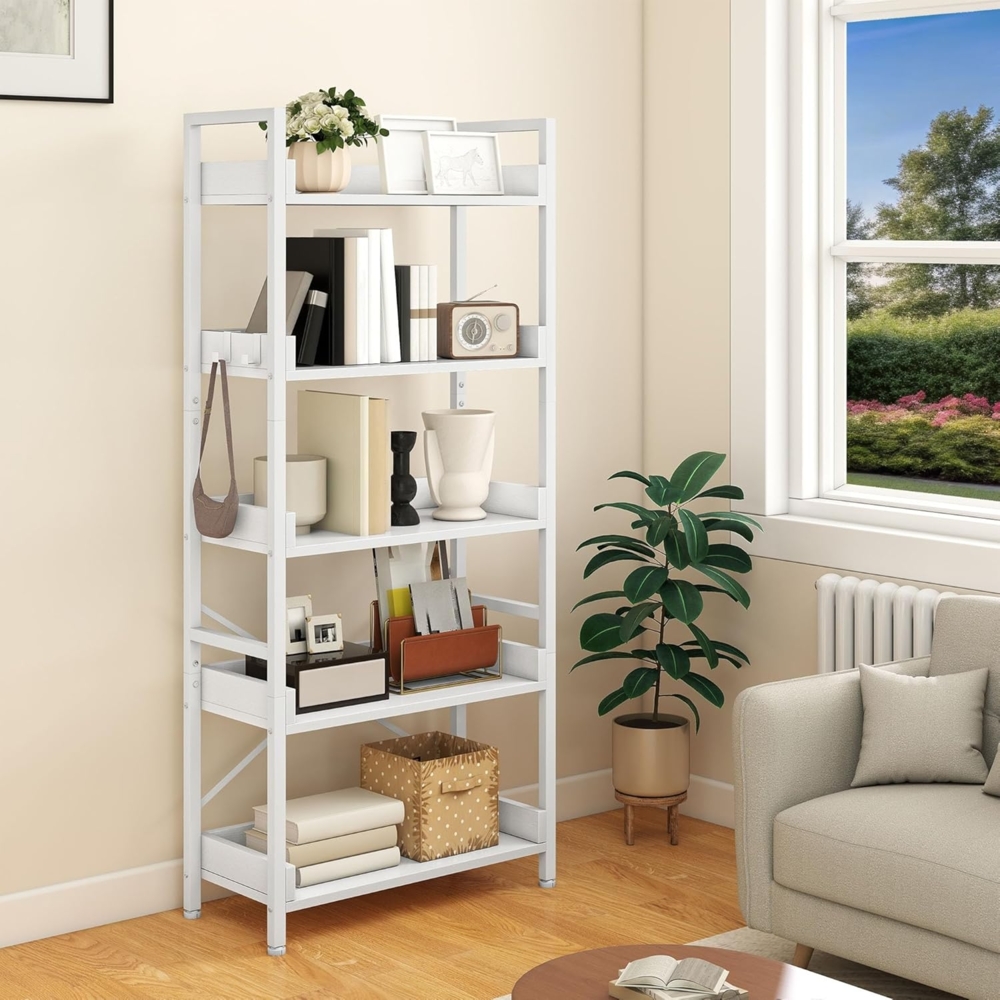 YITAHOME Offenes Bücherregal mit 5 Ebenen, schmal und hoch aus Metall mit 4 Haken, industrielles Lagerregal für Wohnzimmer, Home Office, Reinweiß Bild 1