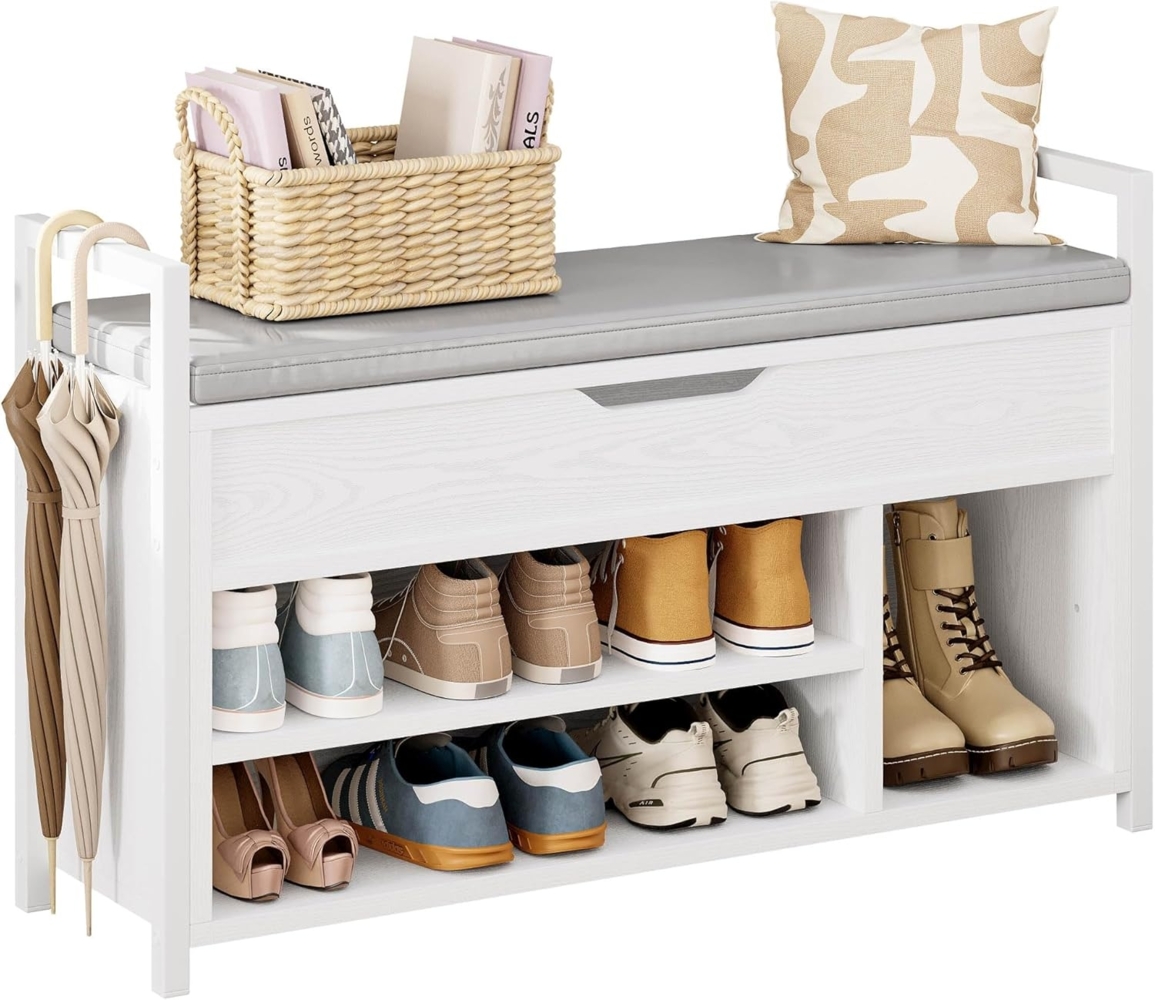 IRONCK Schuhbank mit Sitzfläche, Sitzbank mit Stauraum, Schuhschrank, offene Fächer, Metall Rahmen, Kunstleder, 130kg belastbar, Schuhregal für Eingang,Flur,Wohnzimmer,Schlafzimmer (Weiß) Bild 1