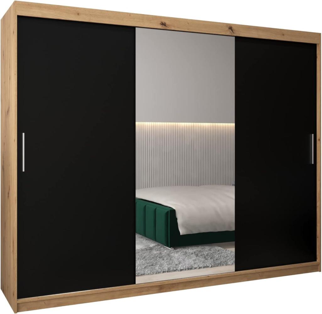 Schwebetürenschrank Tokyo 1-250 cm mit Spiegel Kleiderschrank mit Kleiderstange und Einlegeboden Schlafzimmer- Wohnzimmerschrank Schiebetüren Modern Design (Artisan Eiche + Schwarz) Bild 1