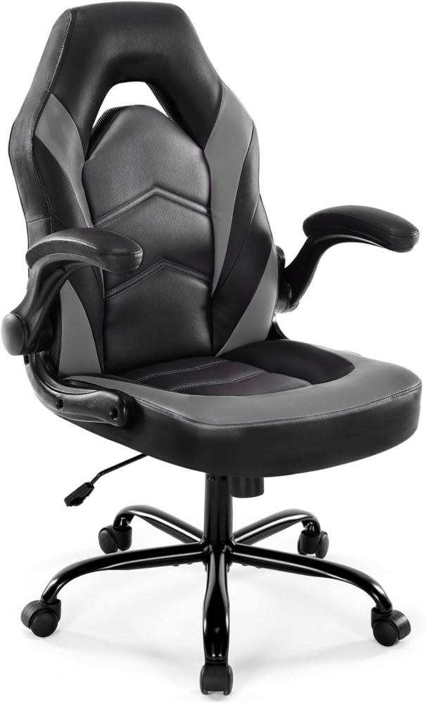 DUMOS Gaming Stuhl - Ergonomischer Gaming Sessel, Verstellbarer Drehbarer Gamingstuhl aus PU-Leder mit klappbaren Armlehnen, Geeignet für Zuhause, Büros usw(Schwarz-Grau) Bild 1