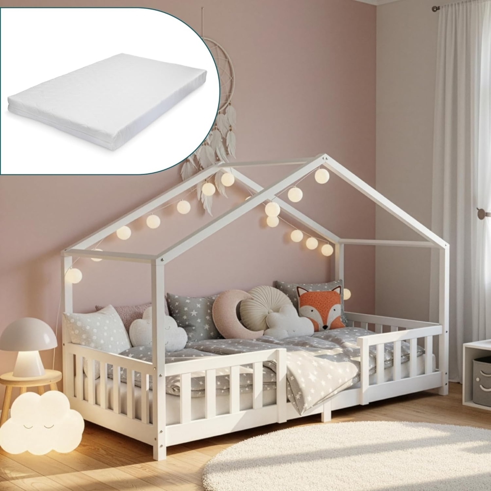 en.casa 'Treviolo' Hausbett 90x200 cm, weiß, Kiefernholz, mit Matratze, Lattenrost und Rausfallschutz Bild 1