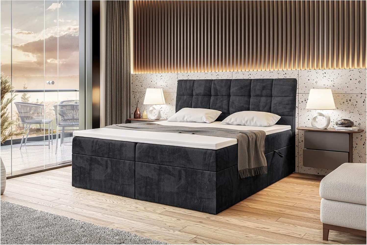 MEBLINI Boxspringbett DRAGO 180x200 cm mit Bettkasten - H4/Schwarz Samt Polsterbett - Doppelbett mit Topper & Taschenfederkern-Matratze Bild 1