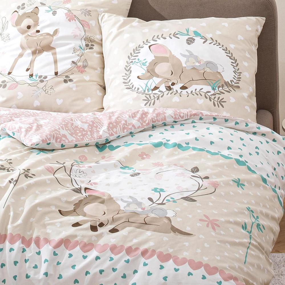 MTOnlinehandel Kinderbettwäsche Bambi 135x200 + 80x80 cm, 100 % Baumwolle, Renforcé, 2 teilig, Disney's Bambi Reh & Klopfer Hase in beige, mint und rosé Bild 1