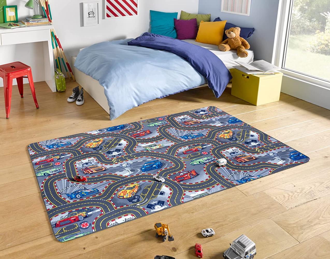 Kurzflor Straßen-Spielteppich grau/bunt - 90x200x0,6cm Bild 1