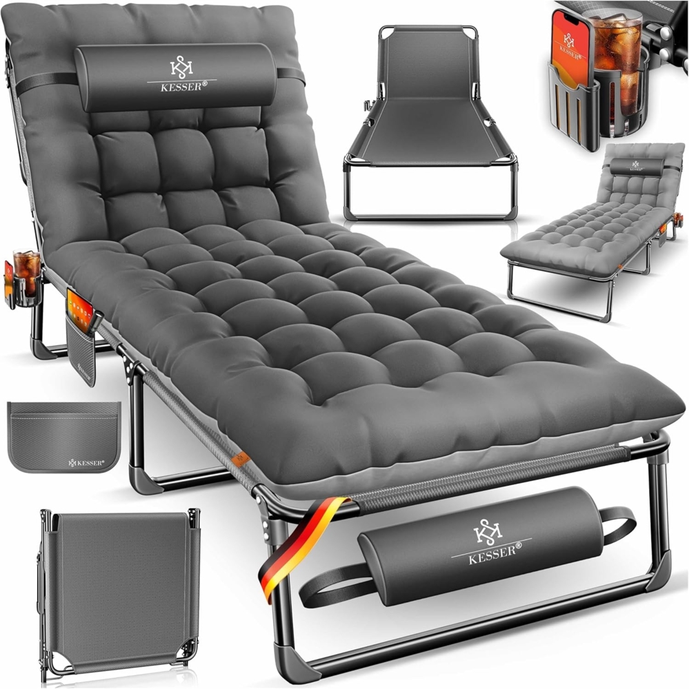 KESSER Campingliege Campingbett Campingliege Angelliege Karpfenliege klappbar (mit Tragetasche, Getränkehalter & Nackenkissen bis 250 kg belastbar) 190 x 68 x 30 cm strapazierfähiges Oxford-Gewebe stabiles Stahlgerüst Bild 1