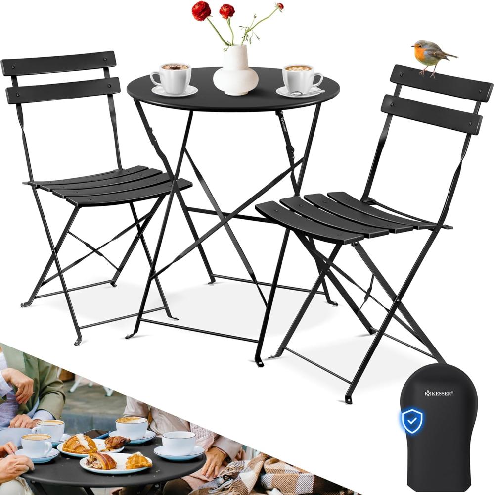 KESSER® Bistroset 3-teilig Bistrotisch mit 2 klappbaren Stühle Set Balkonset Balkonmöbel Klapp-Möbel Gartenset Sitzgarnitur Gartengarnitur Gartenmöbel Sitzgruppe Metall Bistro Gartentisch inkl. Abdeckung Schwarz Bild 1