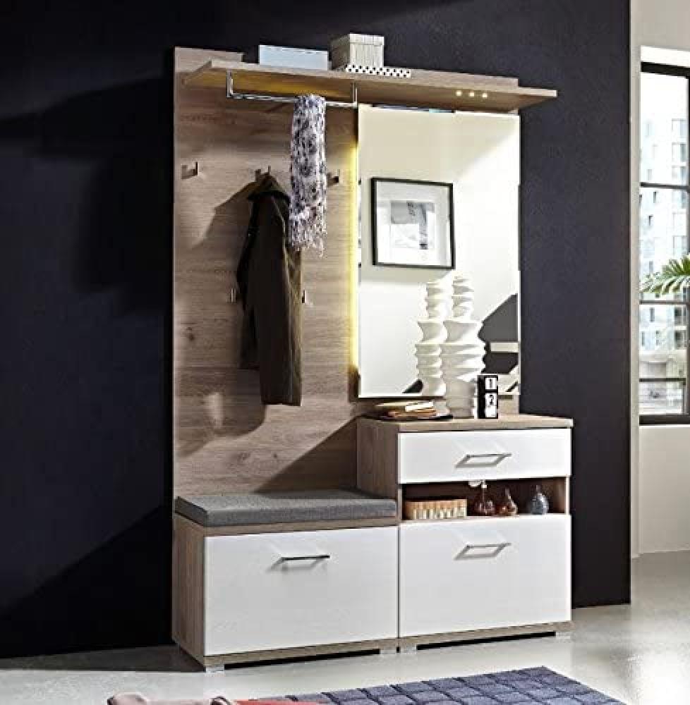 Garderobe PLUS 3-teilig Kompaktgarderobe Schuhschrank Paneel Bank in Weiß Bild 1