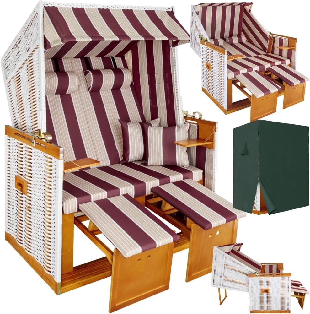 tectake Strandkorb 2-Sitzer mit Polster, verstellbar, inkl. Schutzhülle, gepolstert mit ausziehbaren Fußbänkchen Bild 1