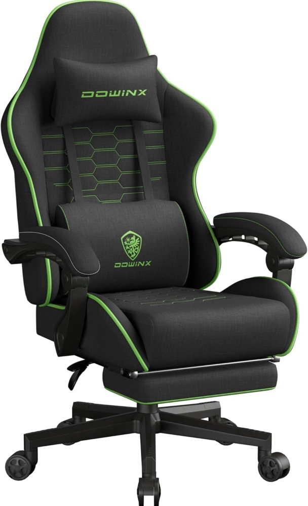 Dowinx Gaming Stuhl Tasche Frühling Kissen, Atmungsaktiver Bürostuhl aus Hochwertigem Stoff, Ergonomischer PC-Stuhl mit Kopfstütze, Drehbarer Schreibtischstuhl mit Fußstütze (Schwarz und Grün) Bild 1