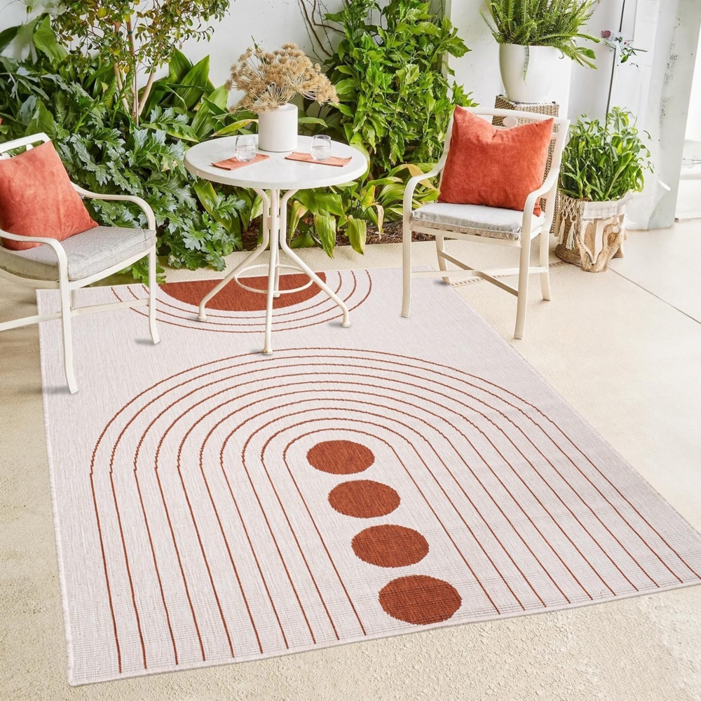 payé In- & Outdoor-Teppich - Rot Creme - 160x230 cm - Wendeteppich - Kreis Muster - Wetterbeständig für Balkon Terrasse - Indoor Teppiche Wohnzimmer Küche Bild 1