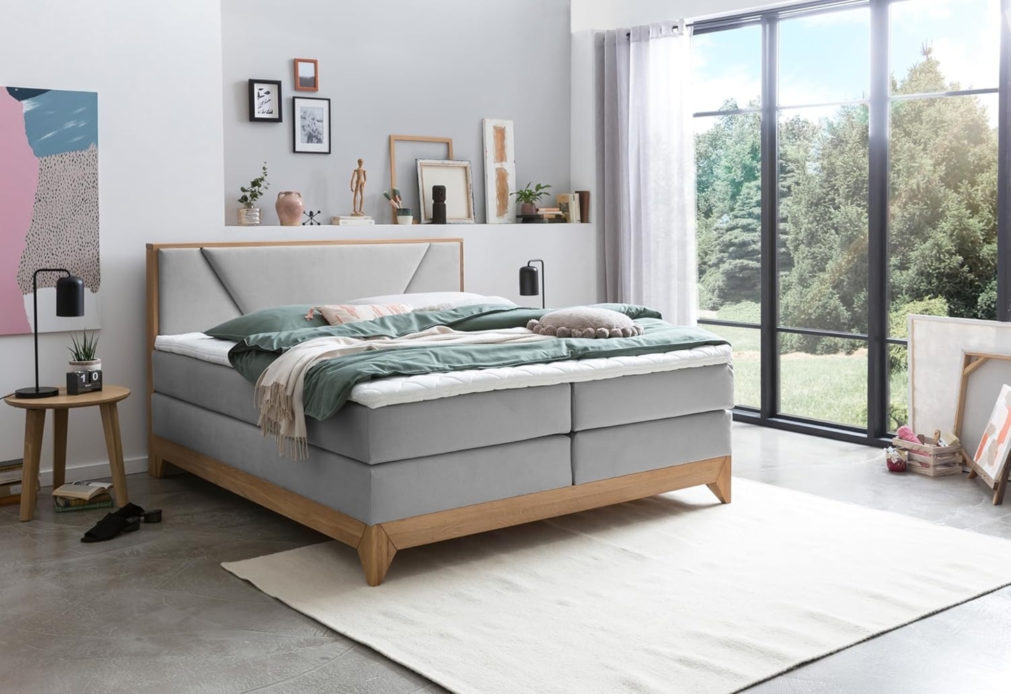 Belanoti Boxspringbett Riviera (Boxspringbett 180x200 Eiche 7-Zonen Taschenfederkern Matratze inkl, Visco Topper Bett 180x200 in der Farbe Hellgrau H2/H3 Polsterbett), Hotelbett mit Massivholz Eiche Massivholzbett Bild 1