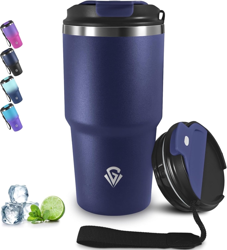 Grsta 20oz Thermobecher Kafferbecher to Go, Trinkbecher Isoliert mit Trageriemen, Auslaufsichere Isolierbecher, 8h Eisgekühlt / 6h Heiß, Vakuumisoliert Thermobecher für Heiß Kaltgetränke Bild 1
