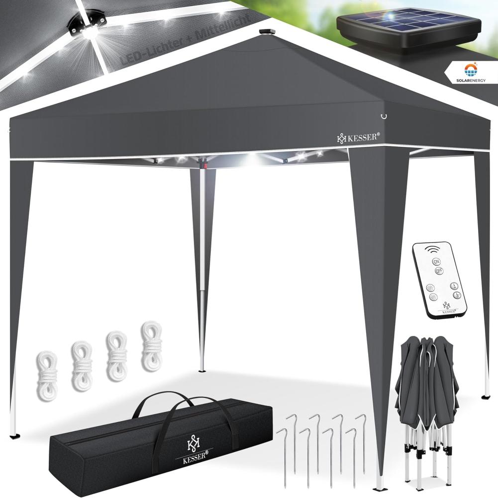 KESSER® Pavillon Faltpavillon 3x3m mit LED Beleuchtung Solar Fernbedienung | Gartenzelt Höhenverstellbar & Wasserdicht + Tasche Bodenanker | Pop-Up Klicksystem UV-Schutz 50+ Partyzelt Anthrazit Bild 1