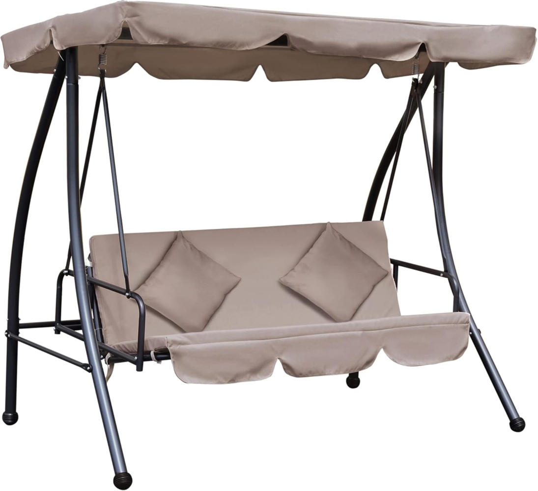 Outsunny Hollywoodschaukel mit Liegefunktion, verstellbar Sonnendach, Kissen, 3-Sitzer, Liegefunktion, 3-Sitzer Gartenschaukel, 1 tlg, 2 in 1 Schaukelbank, belast bis 340kg, für Garten Terrasse 200x 125 x 170 cm Beige Bild 1