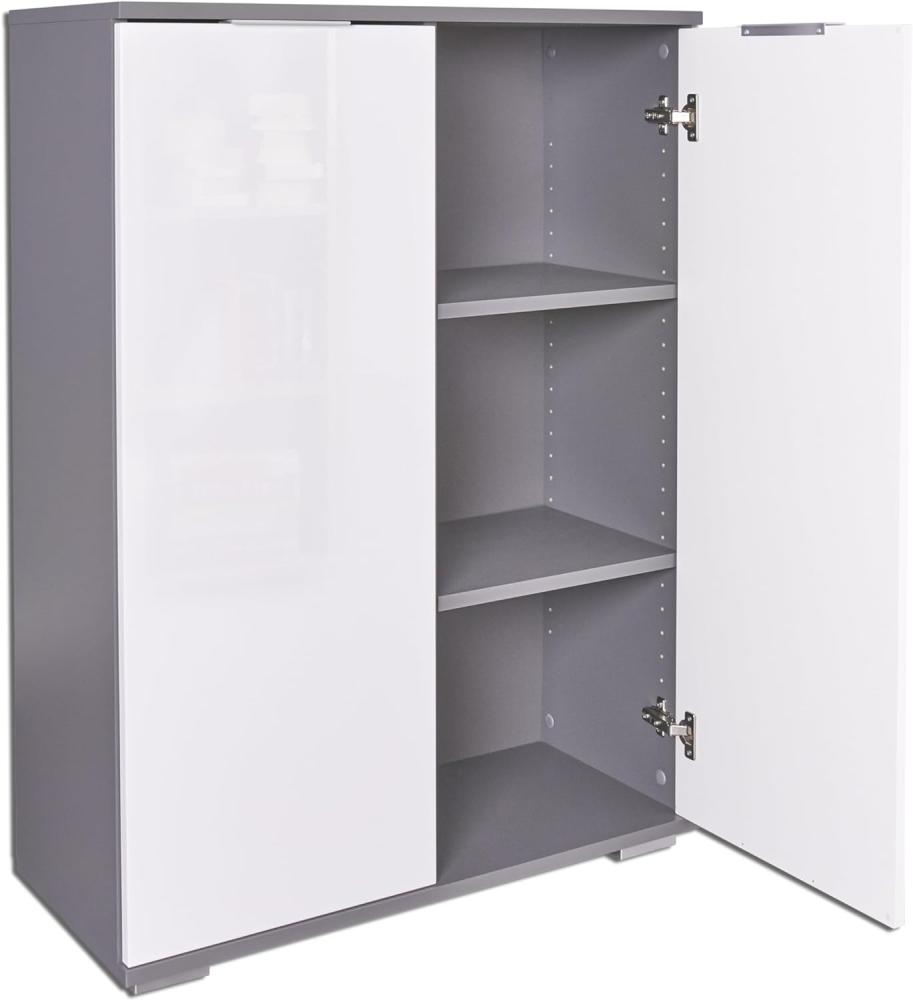 Büroschrank Ordnerschrank Aktenschrank Schrank B 80,2 cm x H 109,5 cm x T 35 cm Bücherschrank Mehrzweckschrank Büromöbel klein, Grau/Hochglanz Weiß Bild 1