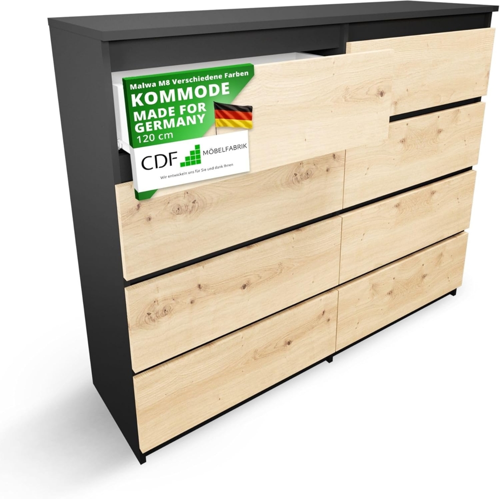 CDF Kommode Anthrazit Artisan mit 8 Schubladen 40 cm Tief Komodenschrank Komode für Wohnzimmer Schlafzimmer Schubladenschrank Malm Kommode viel Stauraum Geeignet Organizer Kleidung 120cm Breite Modern Bild 1