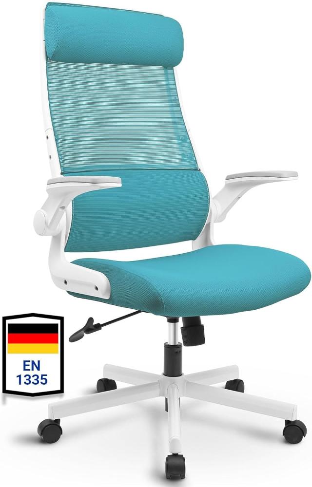 MELOKEA Bürostuhl Ergonomisch, Schreibtischstuhl aus Mesh mit Hochklappbaren Armlehnen, Computer Drehstuhl mit Verstellbare Kopfstützenarme und Lendenwirbelstütze, Chefsessel hat Wippfunktion-Blau Bild 1