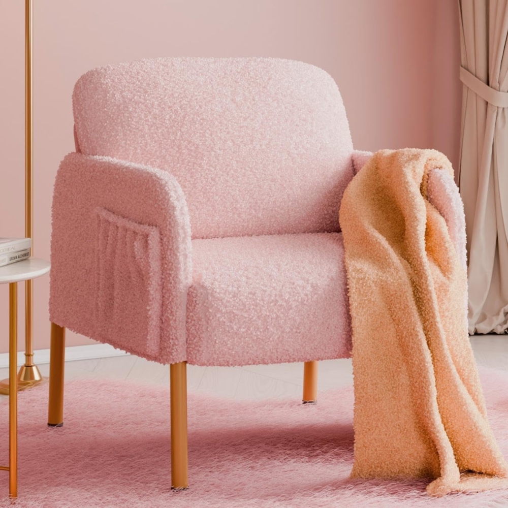 Mondeer Sessel, Einzel Loungesofa mit Seitentasche mit Metallbeinen Gemütlicher Kunstlammfell Stoff Modern, für Wohnzimmer Schlafzimmer Arbeitszimmer, 63 x 75 x 75 cm, Rosa Bild 1