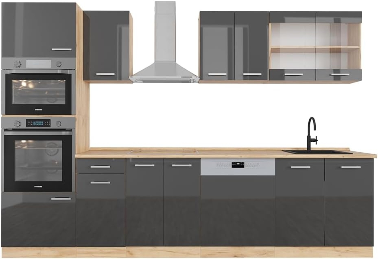 Vicco Küchenzeile Küchenblock Einbauküche R-Line 300 cm Mikrowellenumbauschrank Eiche Bild 1
