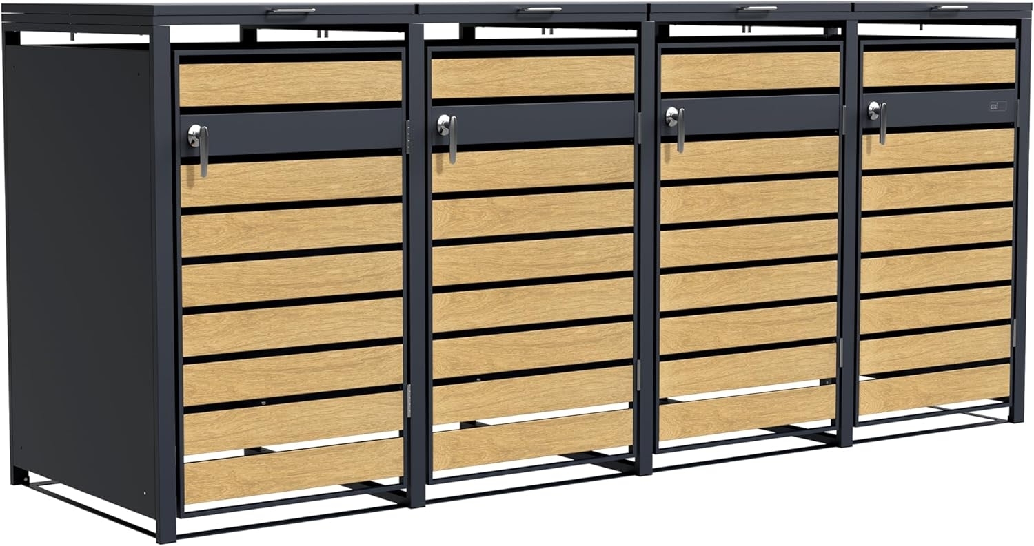 AXI Lucas Mülltonnenbox in Metall Anthrazit / Holzoptik Mülltonnenverkleidung mit Deckel für 4 Tonnen - 240 - 960L | Grau | Metall | 264 cm Bild 1