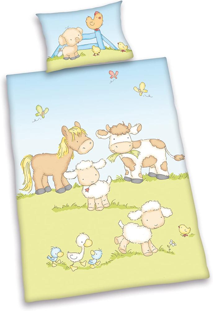 Herding Baby Best Kleinkinder-Bettwäsche-Set, Jana Bauernhof Tiere Wendemotiv, Bettbezug 100 x 135 cm, Kopfkissenbezug 40 x 60 cm, Baumwolle/Renforcé Bild 1