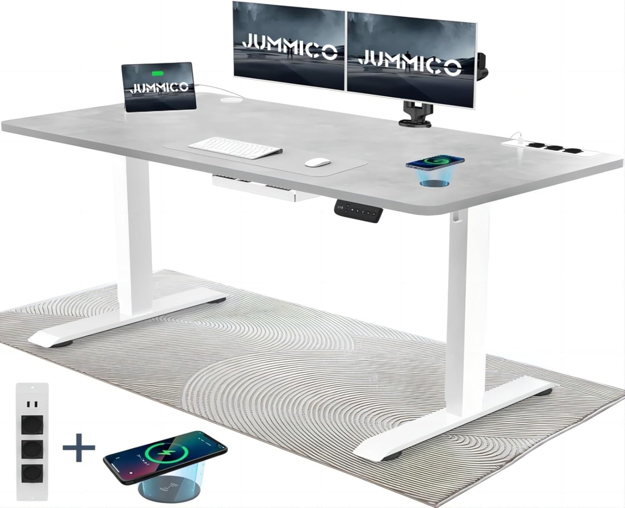 JUMMICO Höhenverstellbarer Schreibtisch mit Kabelloser Ladestation und Euro-Steckdose mit USB, Schreibtisch Höhenverstellbar Elektrisch Stehtisch, Standing Desk (Light Grau 160x80 cm) Bild 1