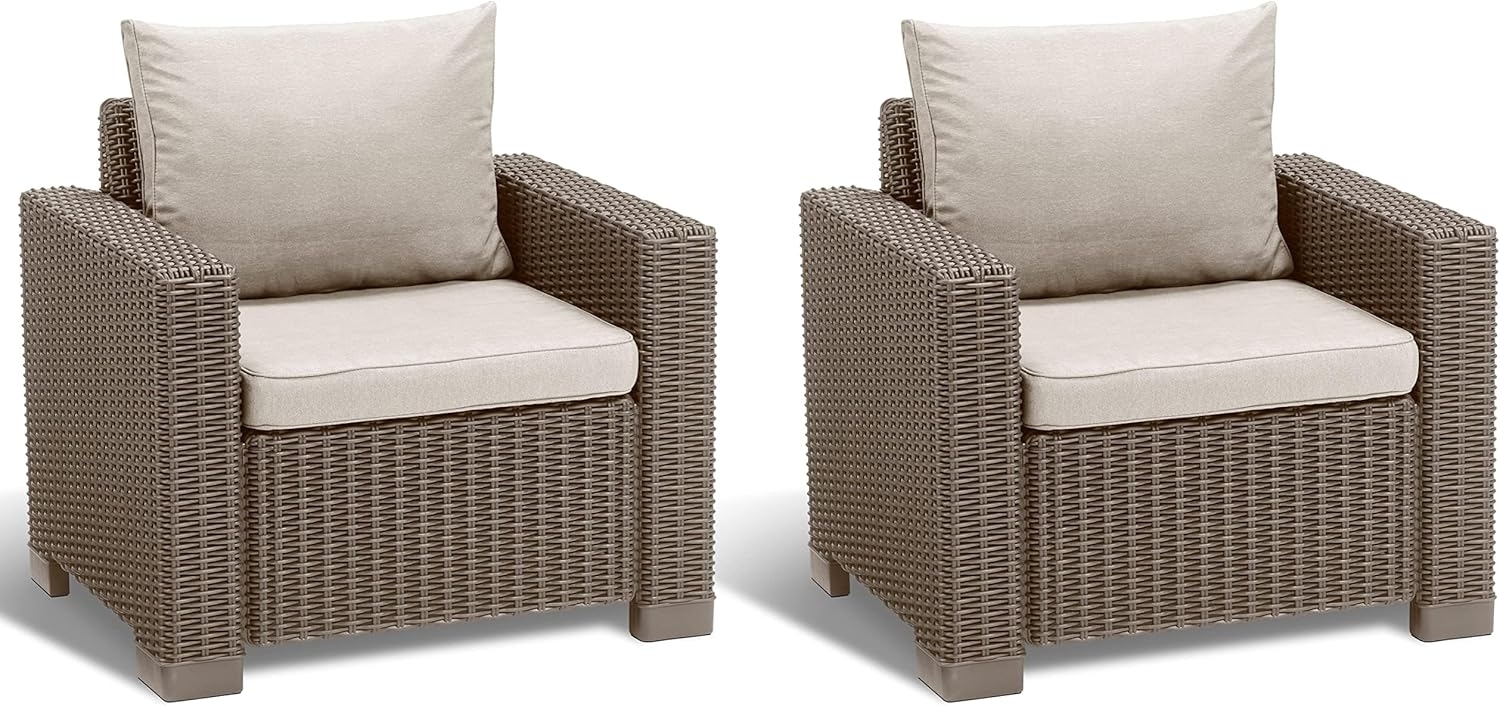 Allibert by Keter Gartenlounge Sessel California, cappuccino/sand, 2er Set, inkl. Sitz- und Rückenkissen, Kunststoff, runde Rattanoptik, 83 x 68 x 72 cm Bild 1