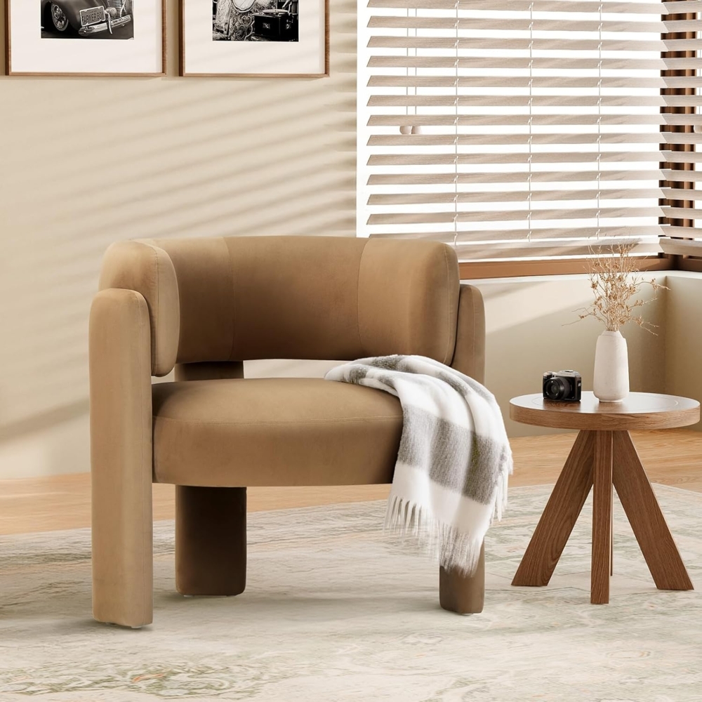 COLAMY Modern Velvet Ohrensessel, Gepolsterter Sessel Wohnzimmer, Bequemer Runder loungesessel mit 3 Beinen für Wohnzimmer, Schlafzimmer, Leseecke, Khaki Bild 1