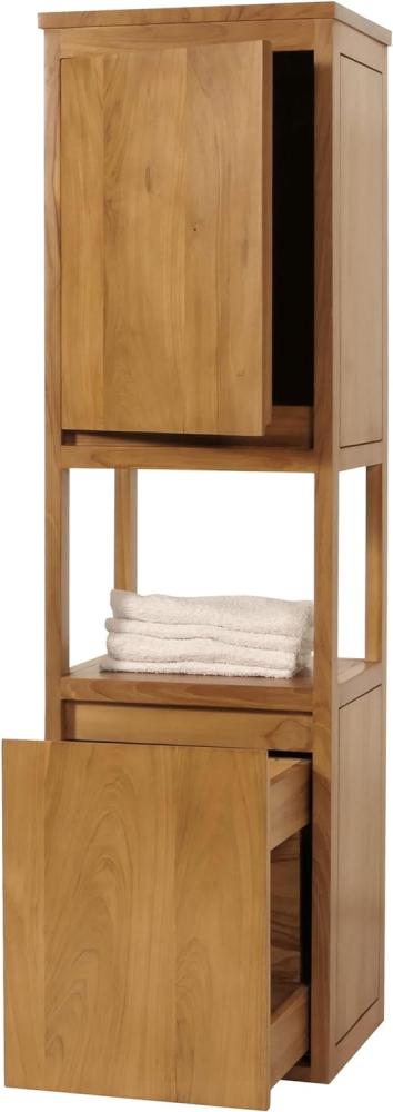 Teak-Hochschrank HWC-M71, Badschrank Badregal Badezimmer, hochwertiges B-Grade-Teak (Kernholz, 20-30 Jahre), 141x41x36cm Bild 1