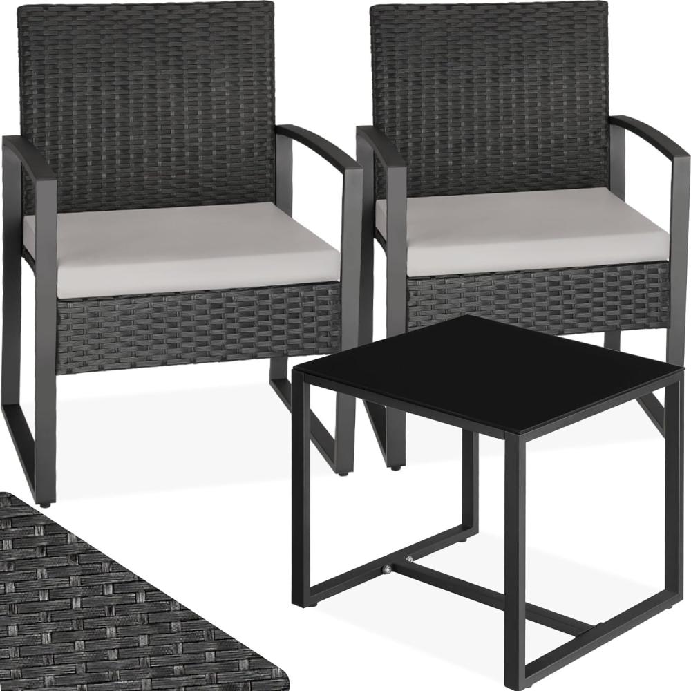 tectake® Rattan Sitzgruppe 2X Sessel mit Tisch, Balkon Möbel Set, Gartenmöbel, Balkonmöbel, Lounge klein, Stühle mit Polster inkl. Gartentisch Outdoor, wetterfest Bild 1