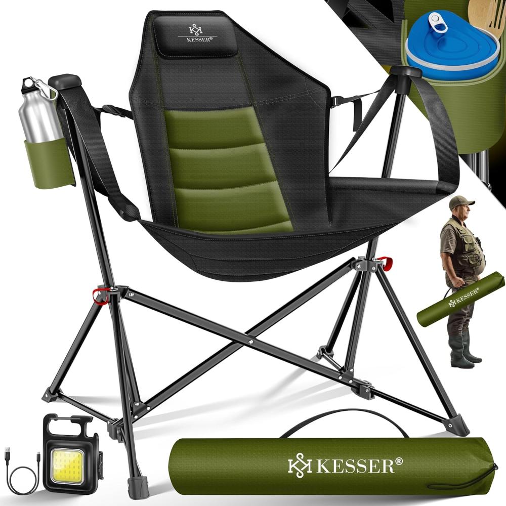 KESSER® Campingstuhl faltbar Schaukelstuhl bis 160 kg | Angelstuhl Faltstuhl Klappstuhl Gepolstert | Campinglicht und Getränkehalter + Tasche mit hoher Rückenlehne | Strandstuhl mit Wippfunktion Khaki / Schwarz Bild 1