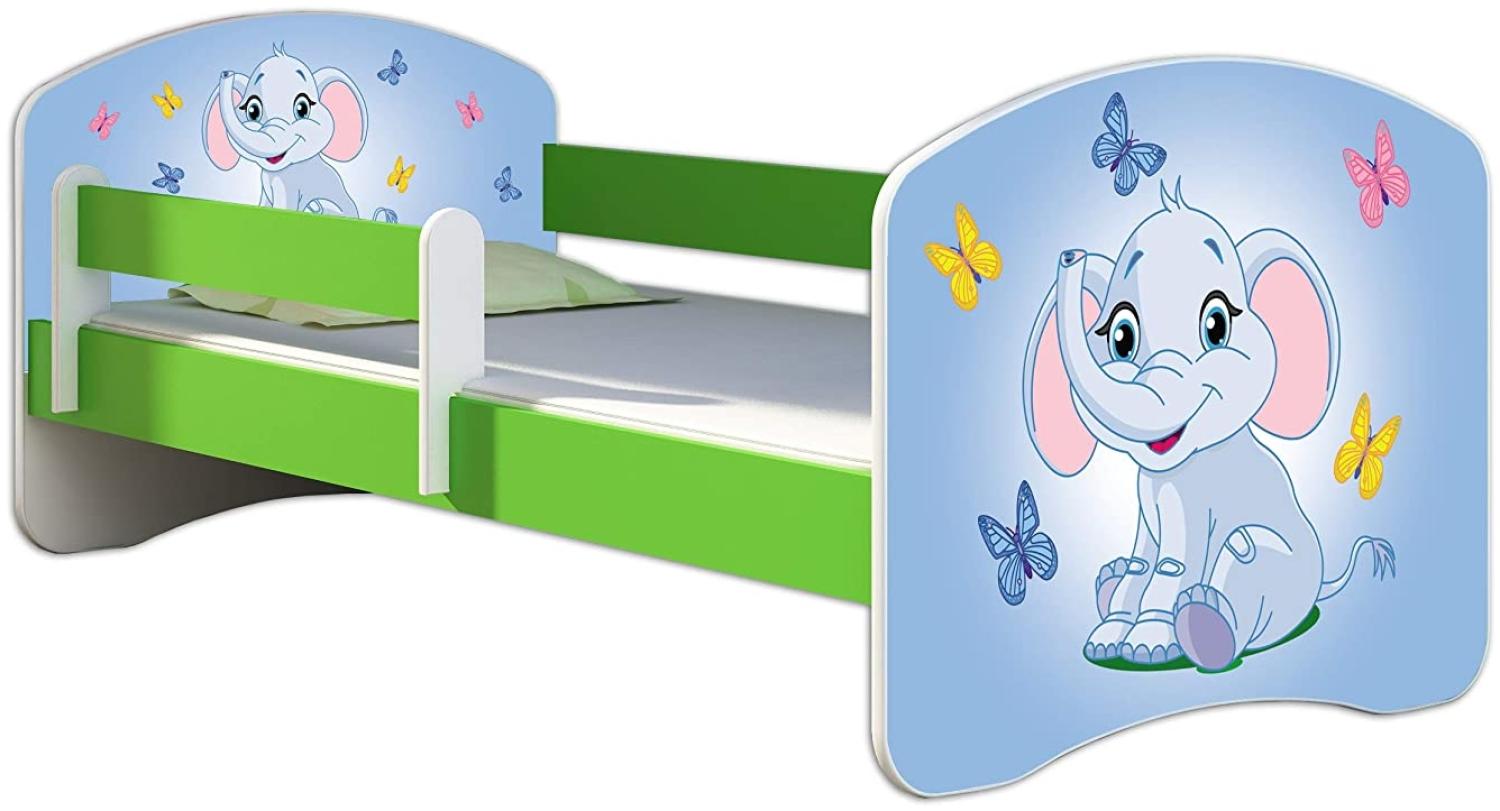 ACMA Kinderbett Jugendbett mit Einer Schublade und Matratze Grün mit Rausfallschutz Lattenrost II 140x70 160x80 180x80 (26 Elefant, 180x80) Bild 1