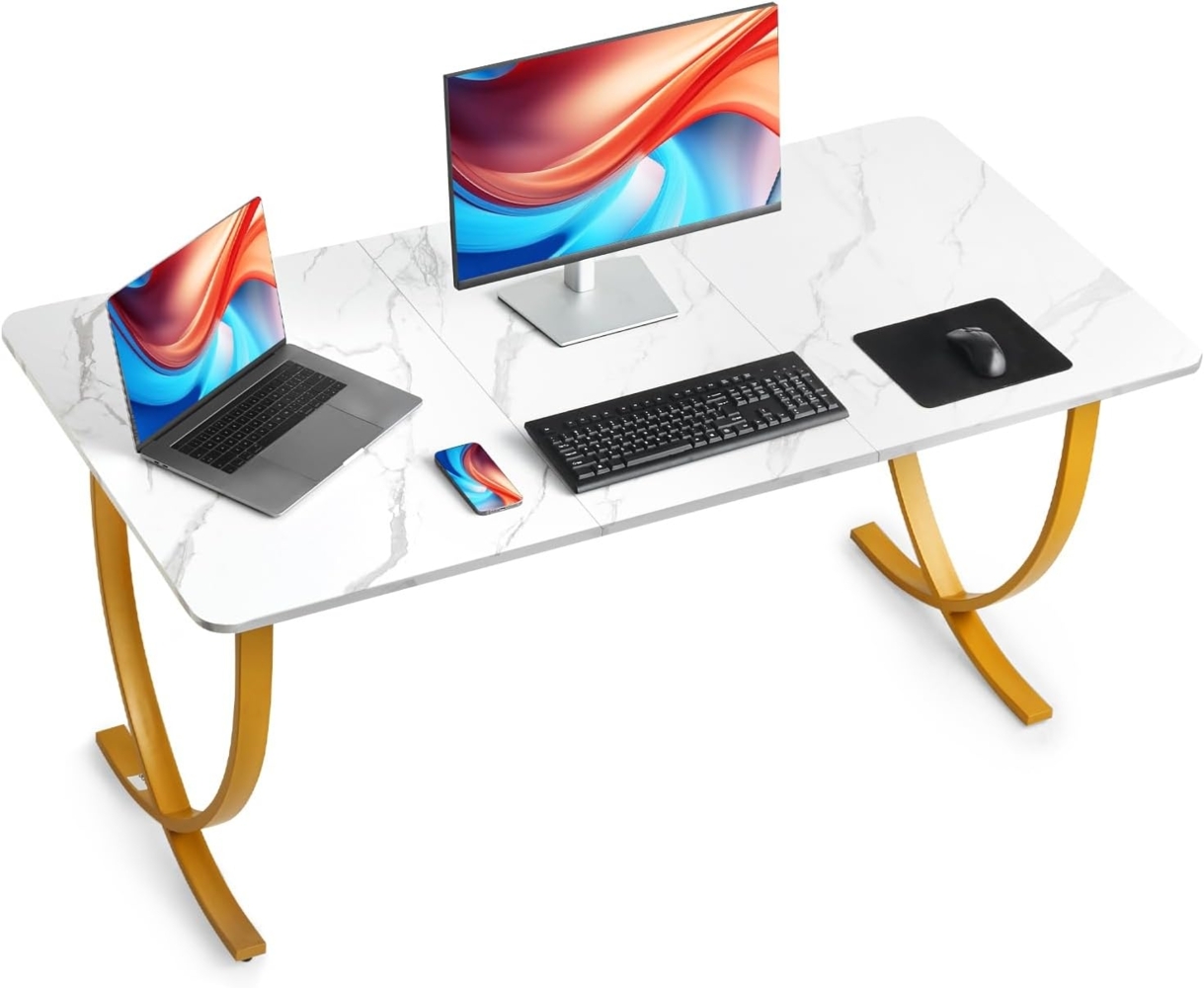 VEVOR Computertisch Bürotisch Schreibtisch (160x80 cm Tischplatte), moderner Arbeitstisch mit Metallrahmen & 158 kg Tragkraft für Homeoffice Arbeitszimmer Schlafzimmer Wohnzimmer, Weiß Gold Bild 1